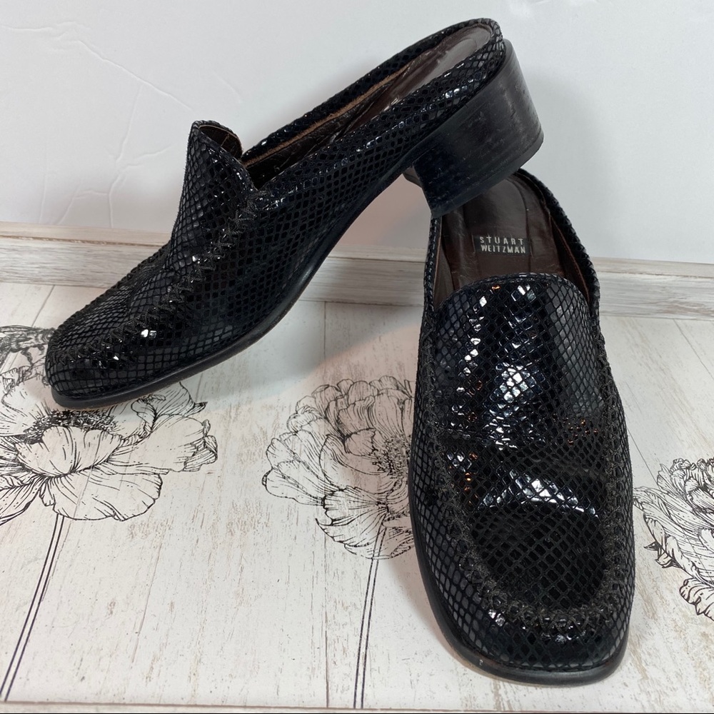 Stuart Weizmann Black Snake Embossed Leather Mules - image 1